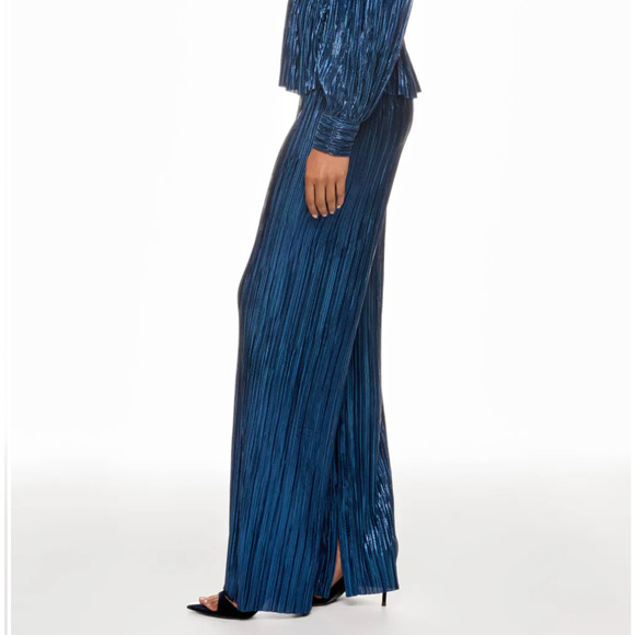 Sabina Musayev Metallic Blue Plisse Pants LARGE Split Hem Cocktail Wide Leg $230 - Picture 2 of 12